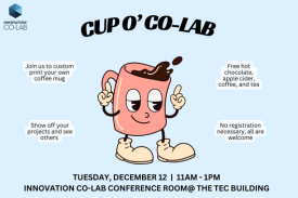 flyer for Cup of Co-Lab including a cartoon mug and some info about the event.
